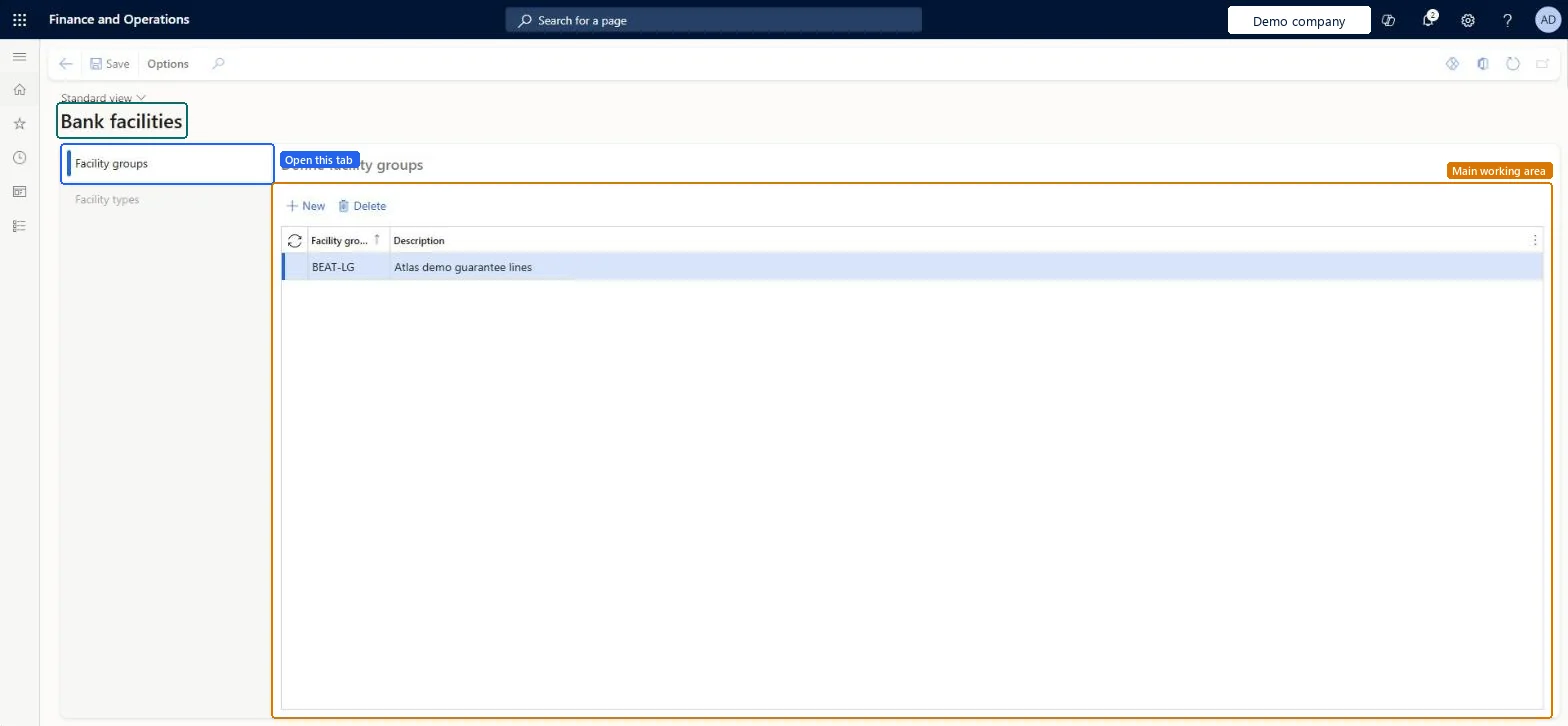 Bank facilities page in Dynamics 365