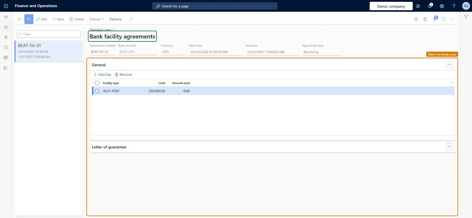 Bank facility agreements page in Dynamics 365