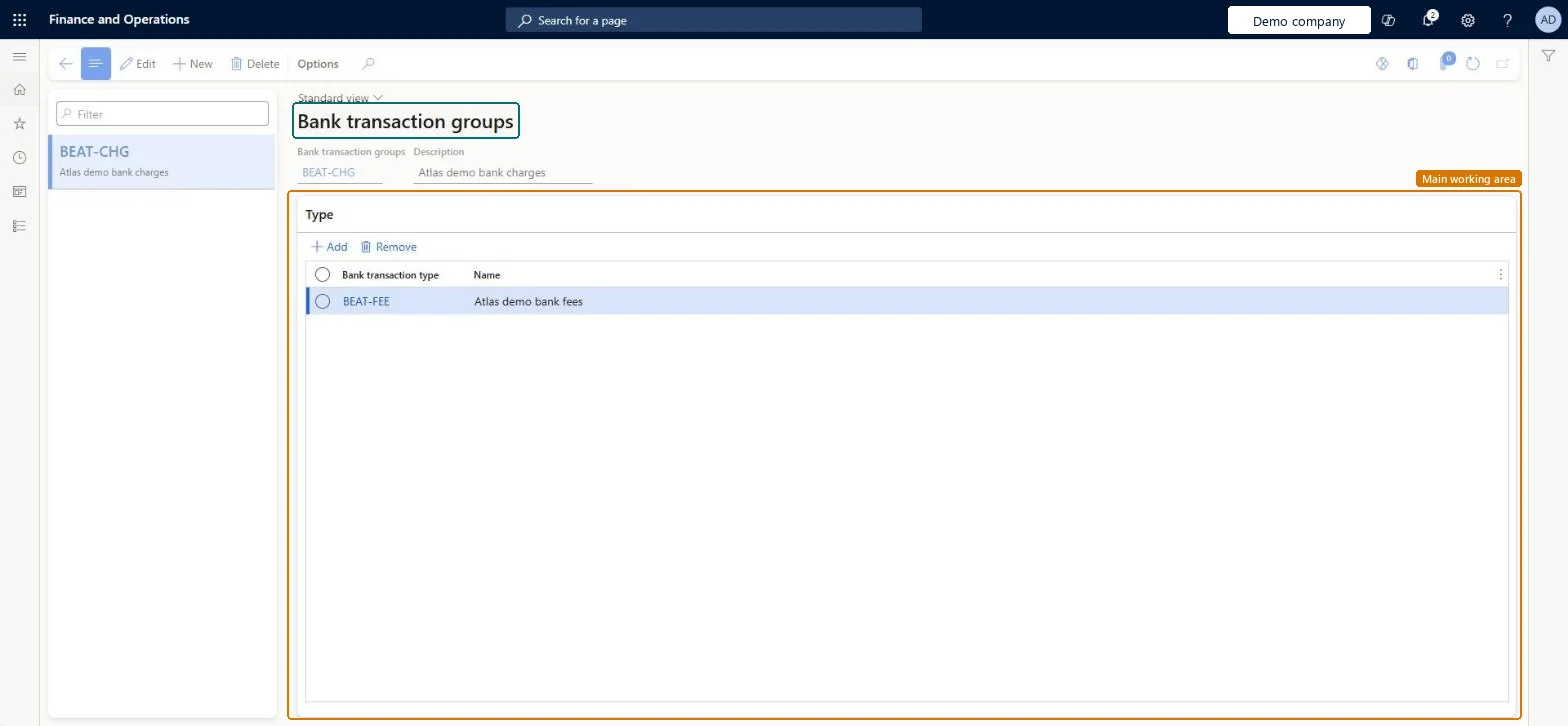 Bank transaction groups page in Dynamics 365