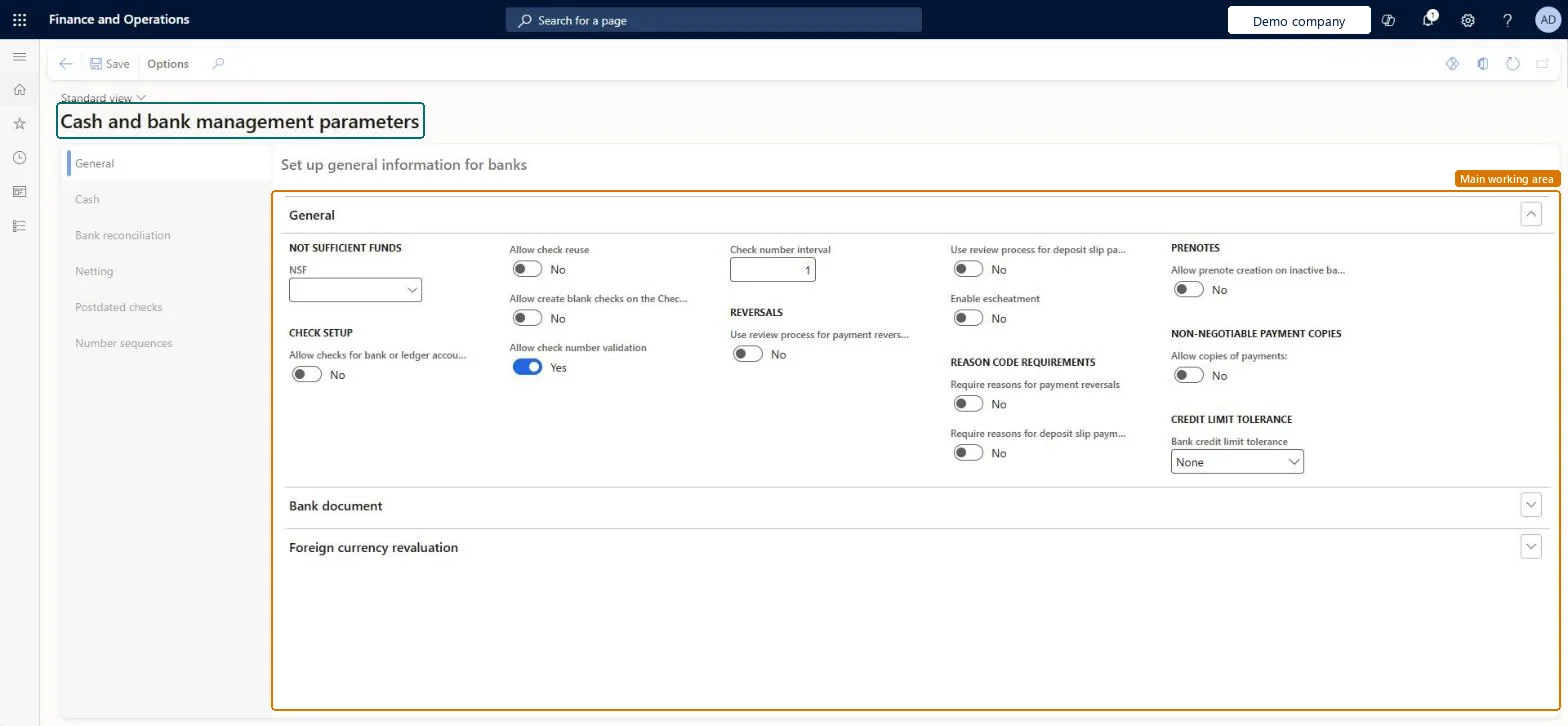 Cash and bank management parameters page in Dynamics 365