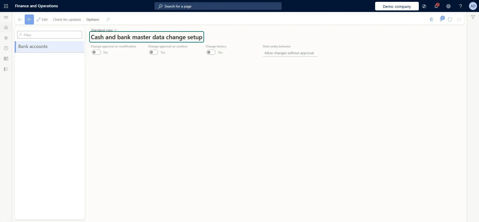 Cash and bank master data change setup page in Dynamics 365
