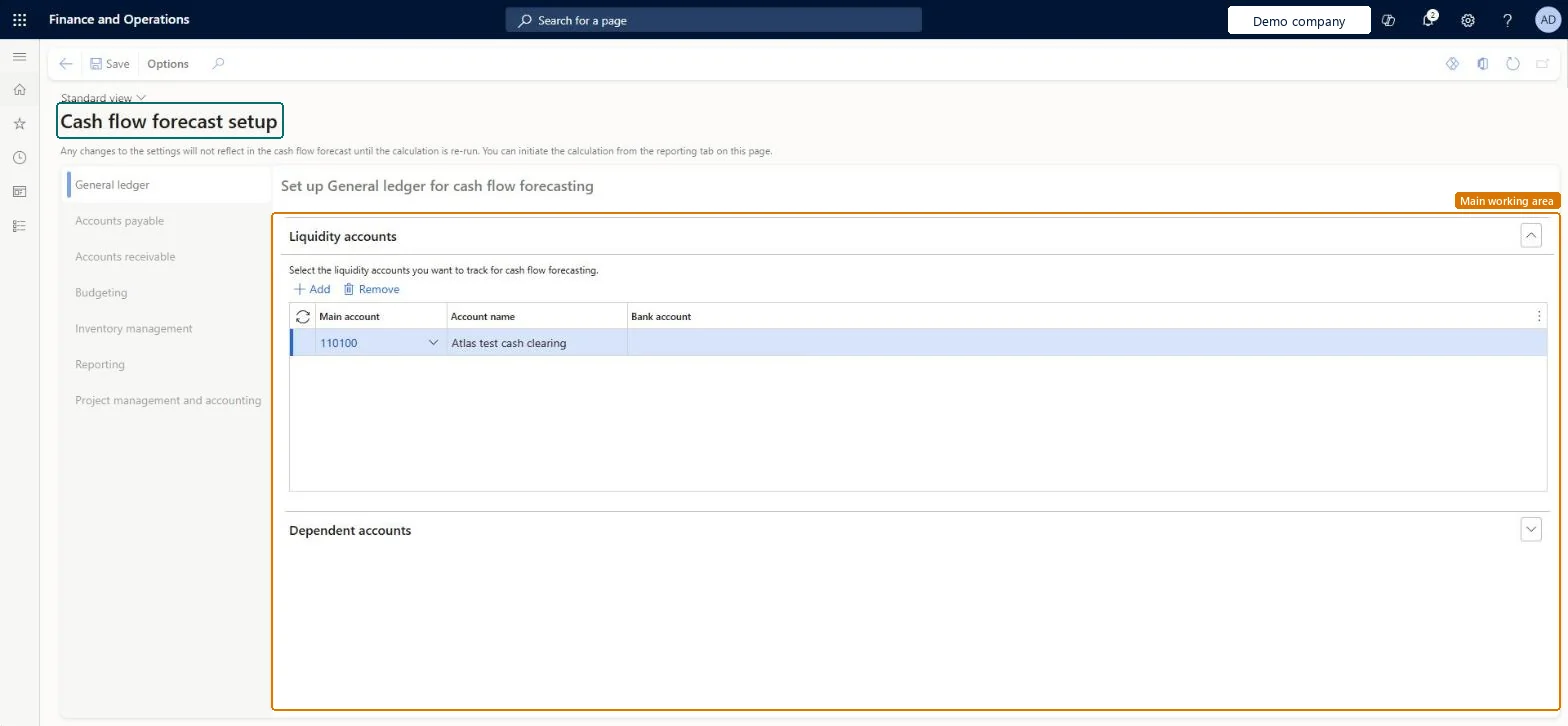 Cash flow forecast setup page in Dynamics 365