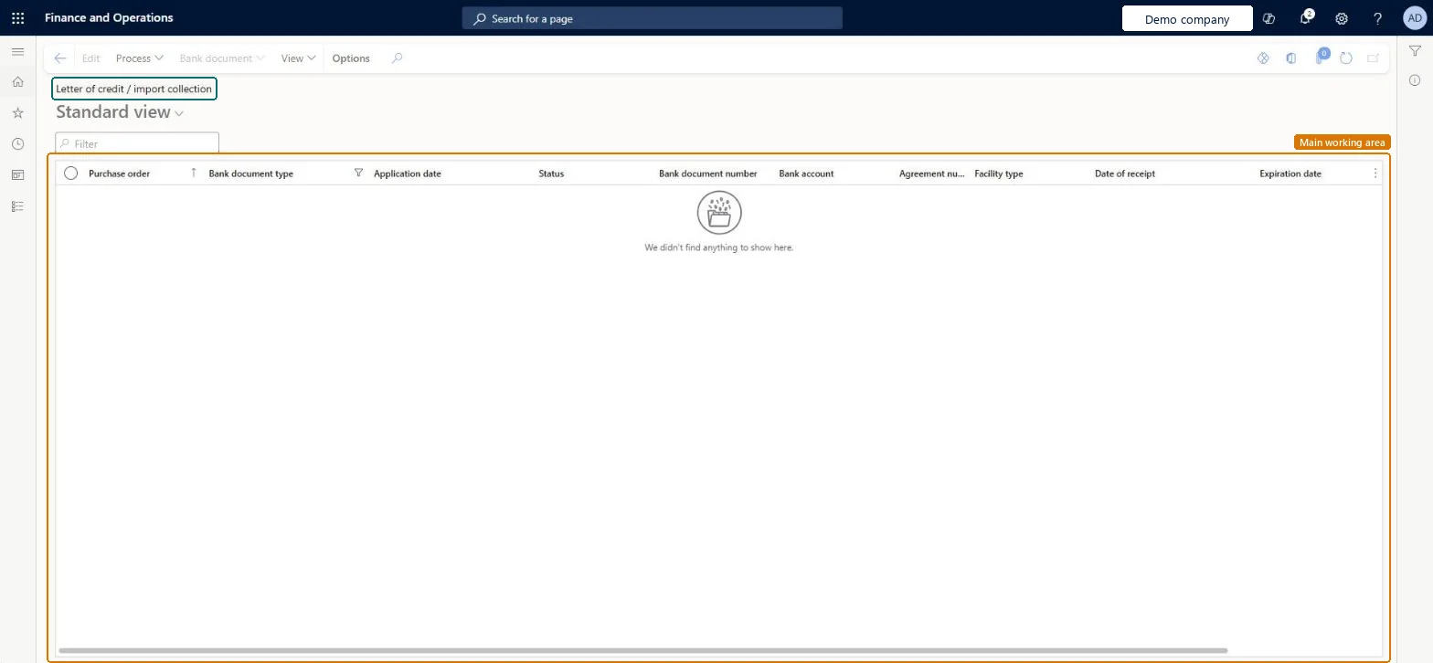 Import letter of credit and import collection page in Dynamics 365