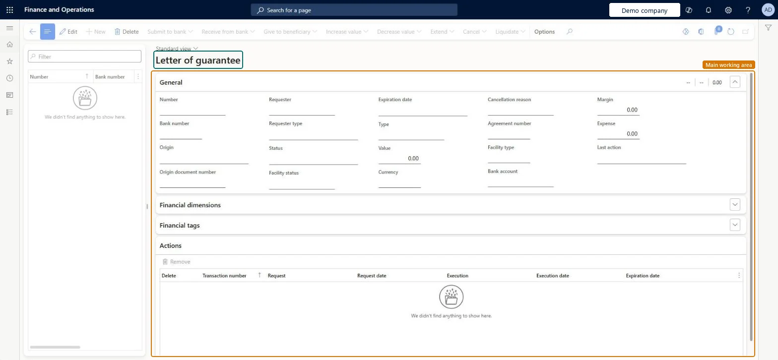 Letters of guarantee page in Dynamics 365