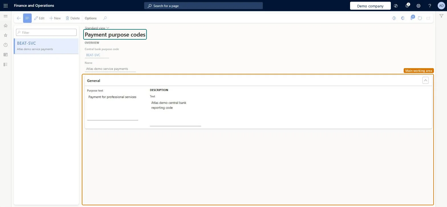 Payment purpose codes page in Dynamics 365