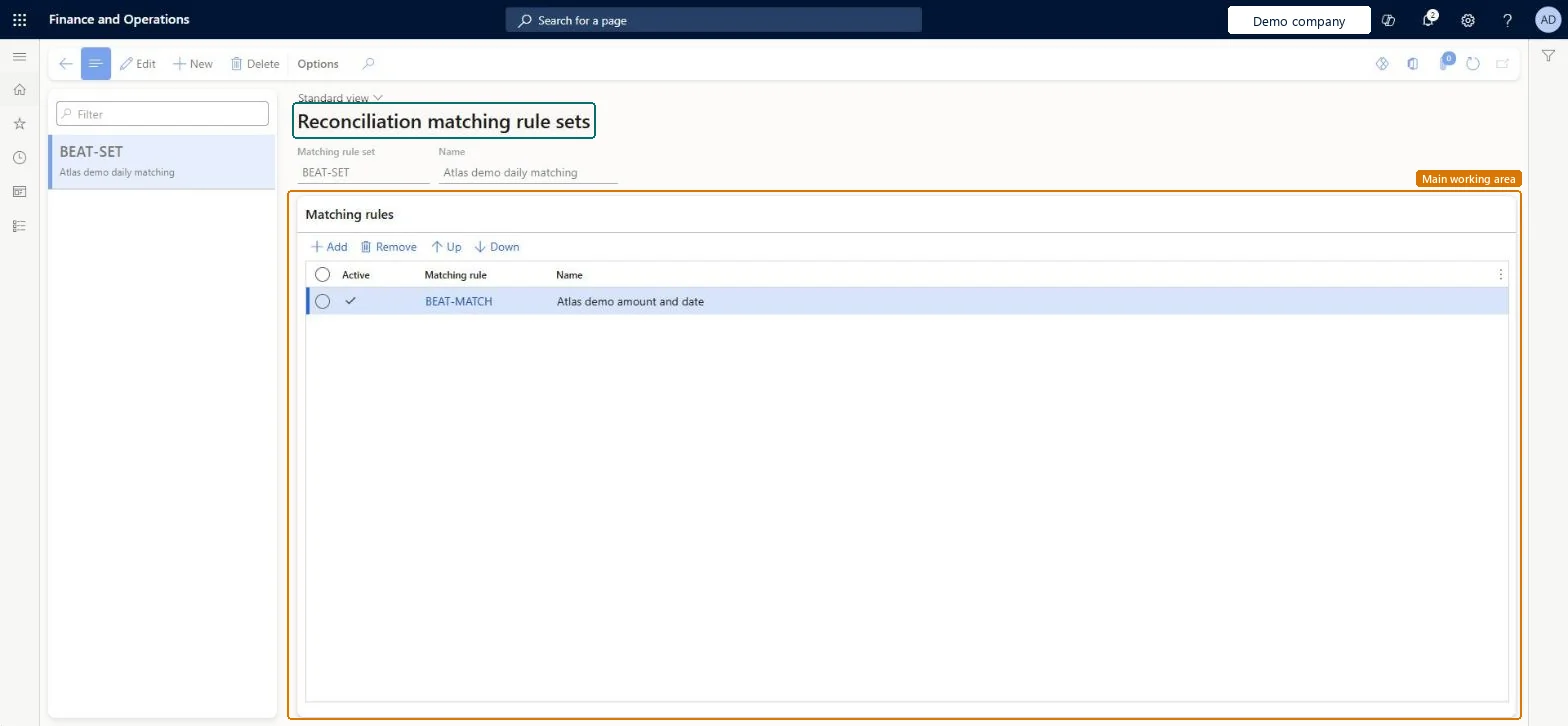 Reconciliation matching rule sets page in Dynamics 365