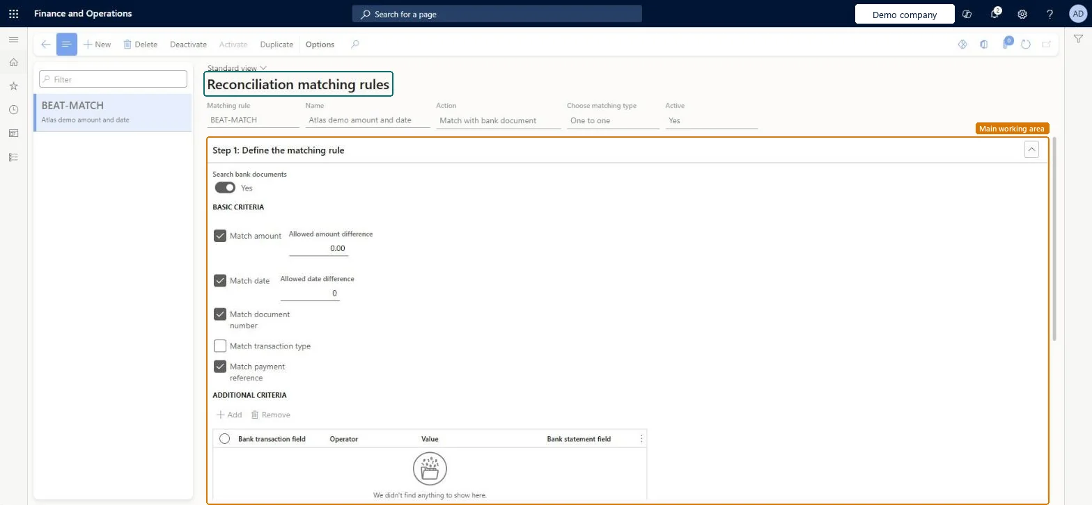Reconciliation matching rules page in Dynamics 365