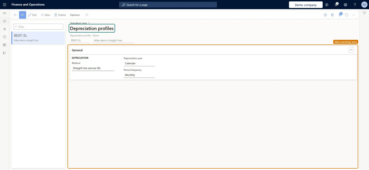 Depreciation profiles page in Dynamics 365