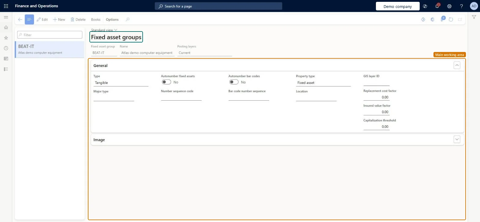 Fixed asset groups page in Dynamics 365