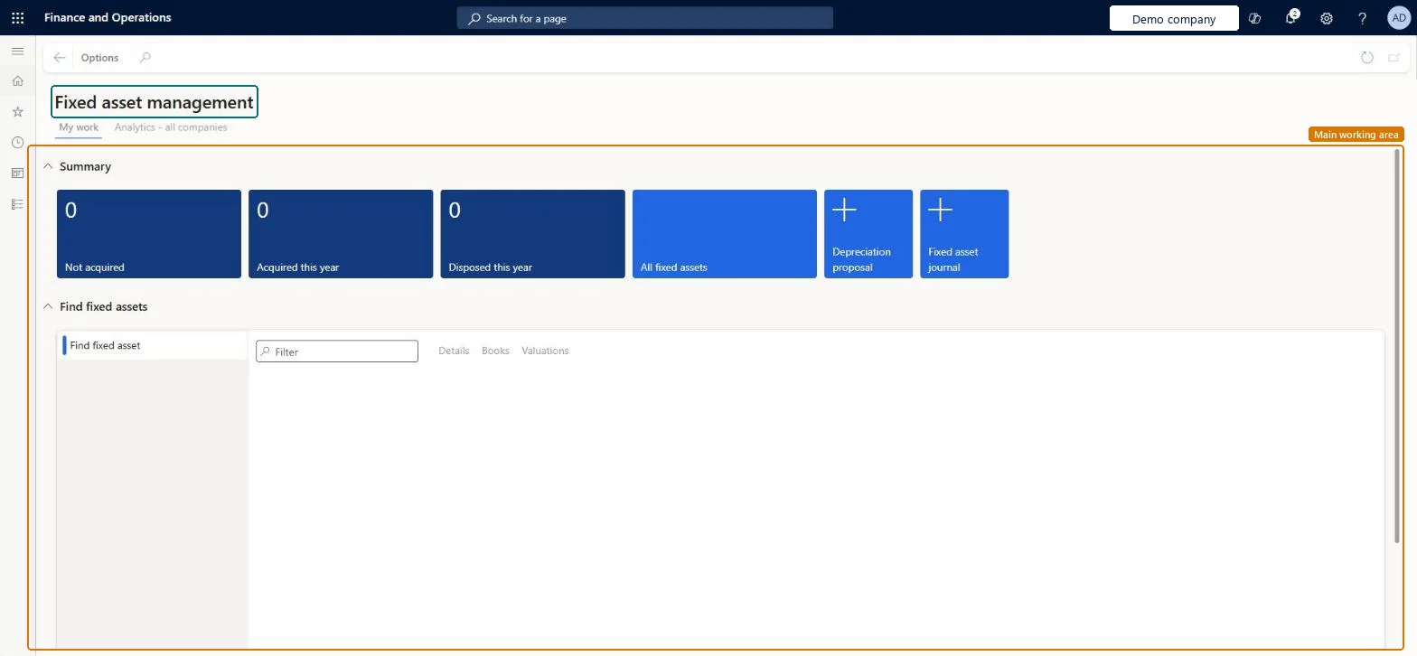 Fixed asset management page in Dynamics 365