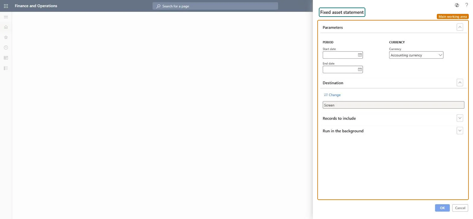 Fixed asset statement page in Dynamics 365