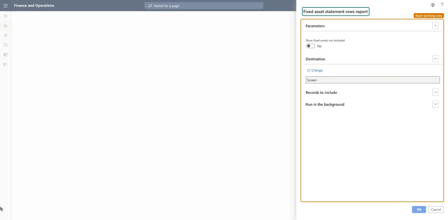 Fixed asset statement rows report page in Dynamics 365