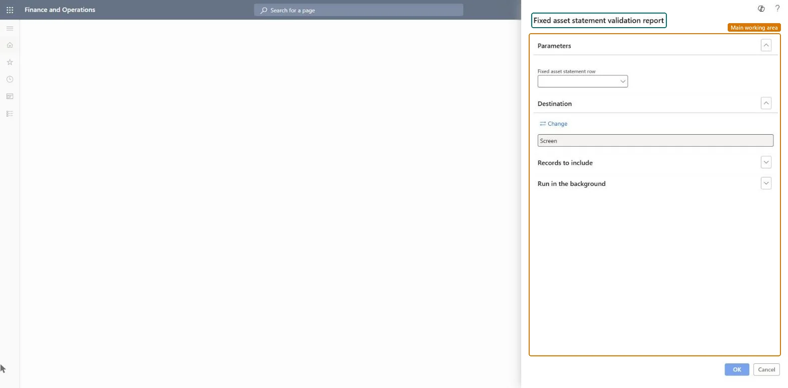 Fixed asset statement validation report page in Dynamics 365