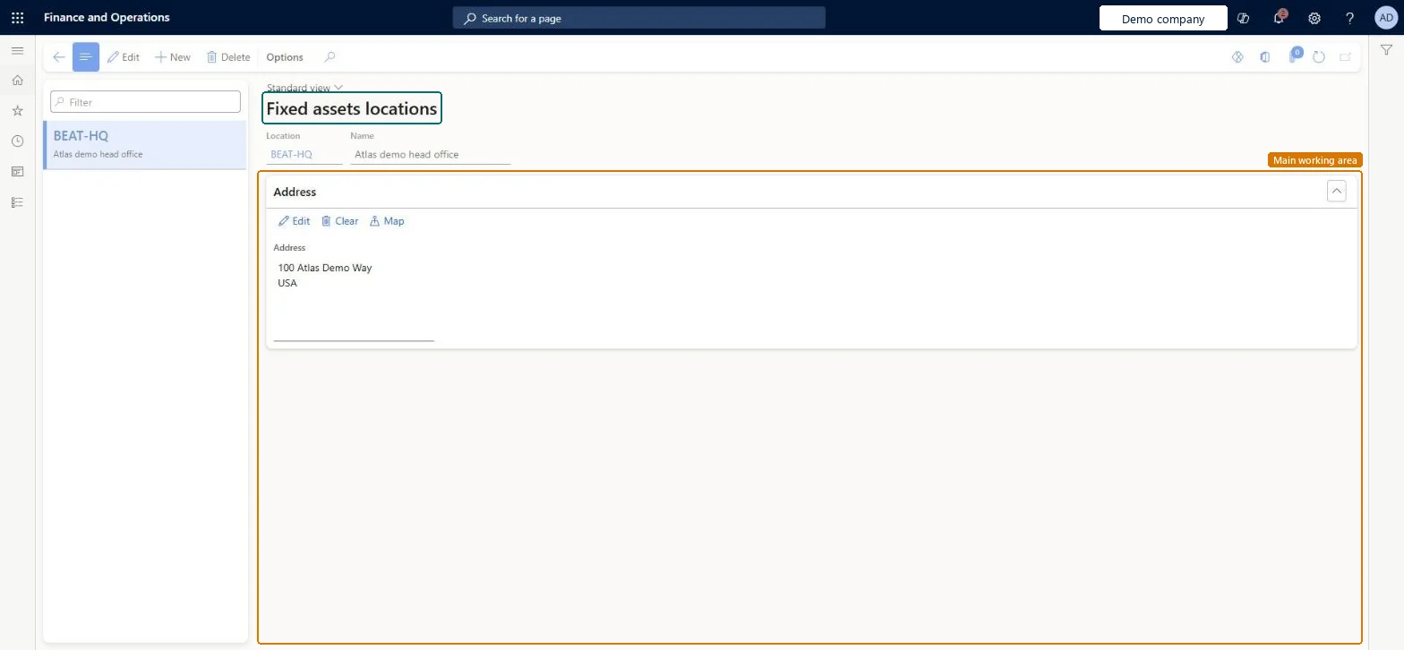 Fixed assets locations page in Dynamics 365