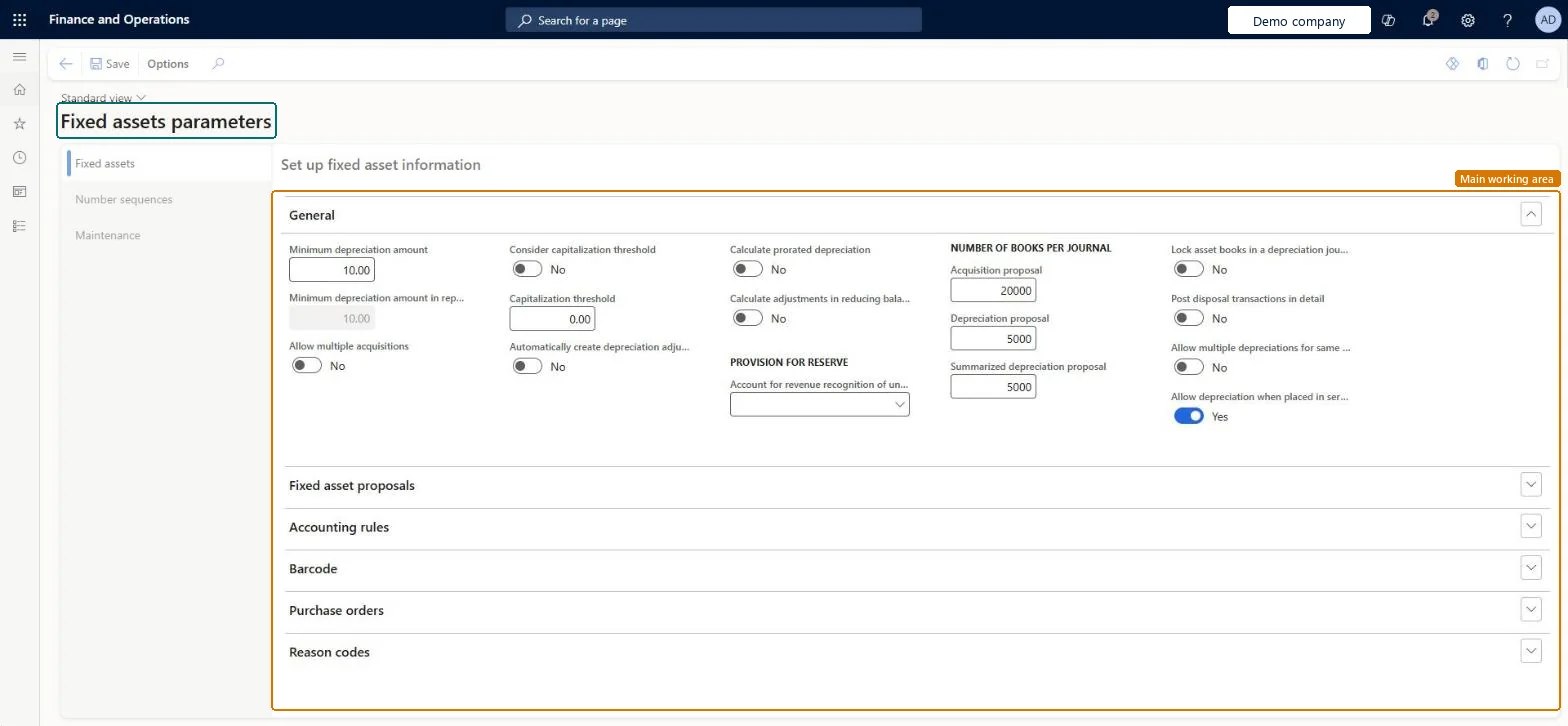 Fixed assets parameters page in Dynamics 365