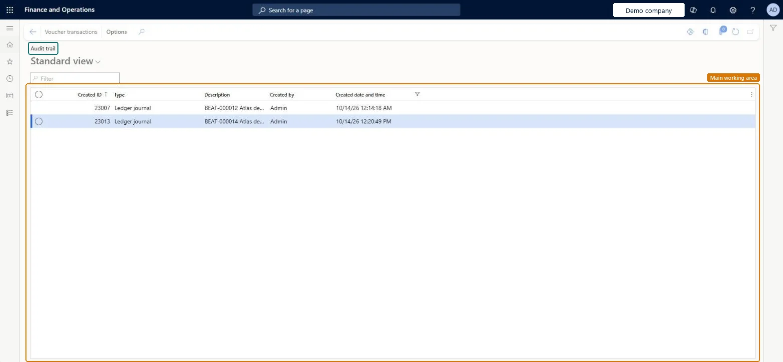Audit trail page in Dynamics 365