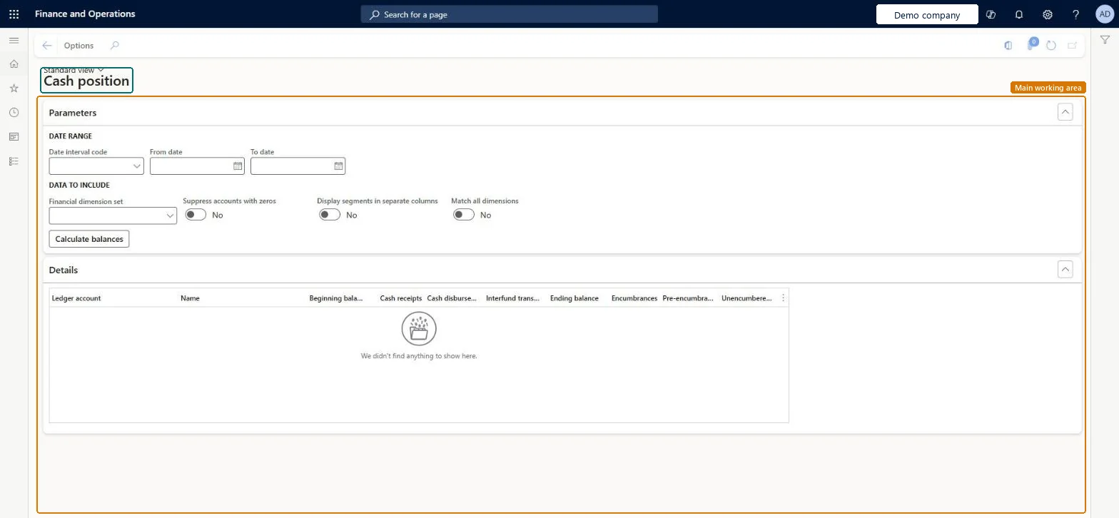 Cash position page in Dynamics 365