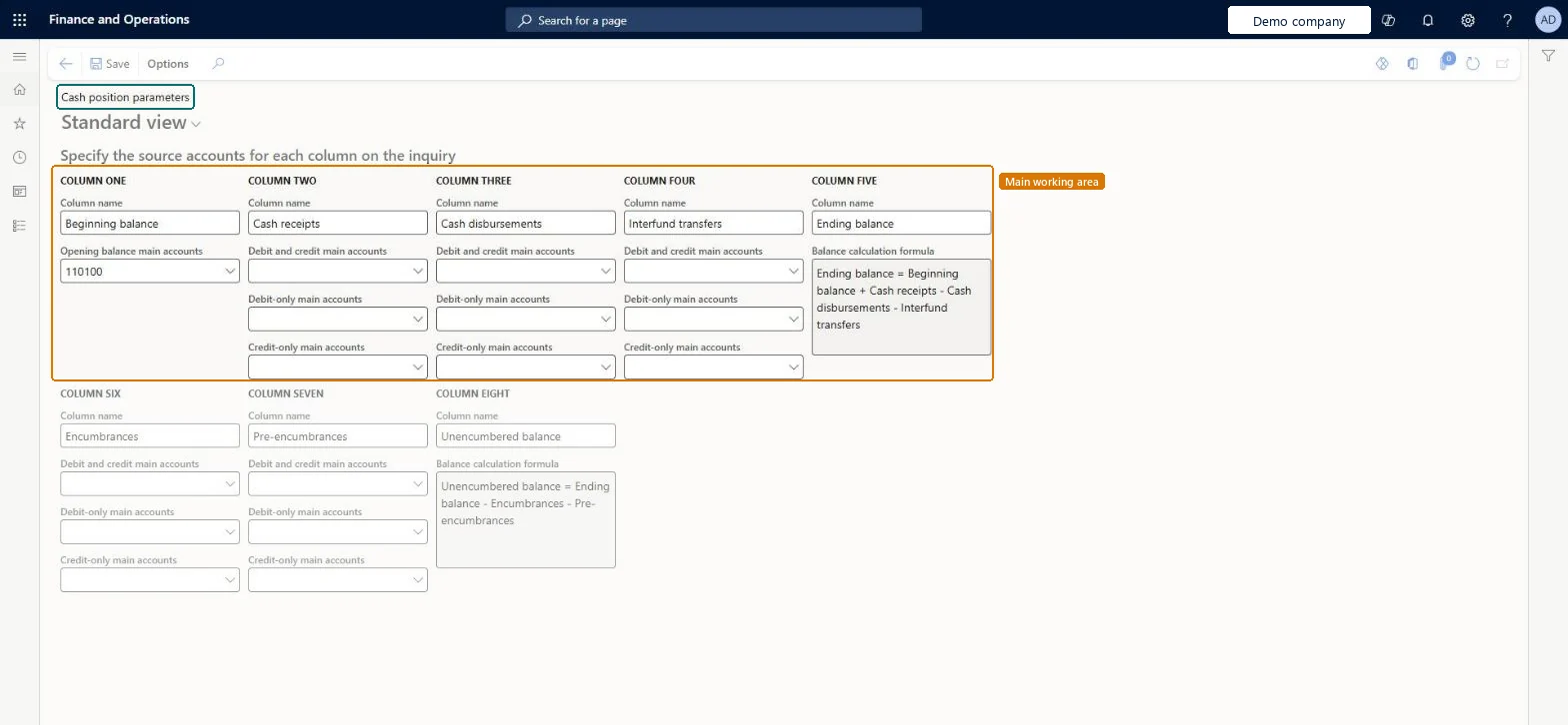 Cash position parameters page in Dynamics 365