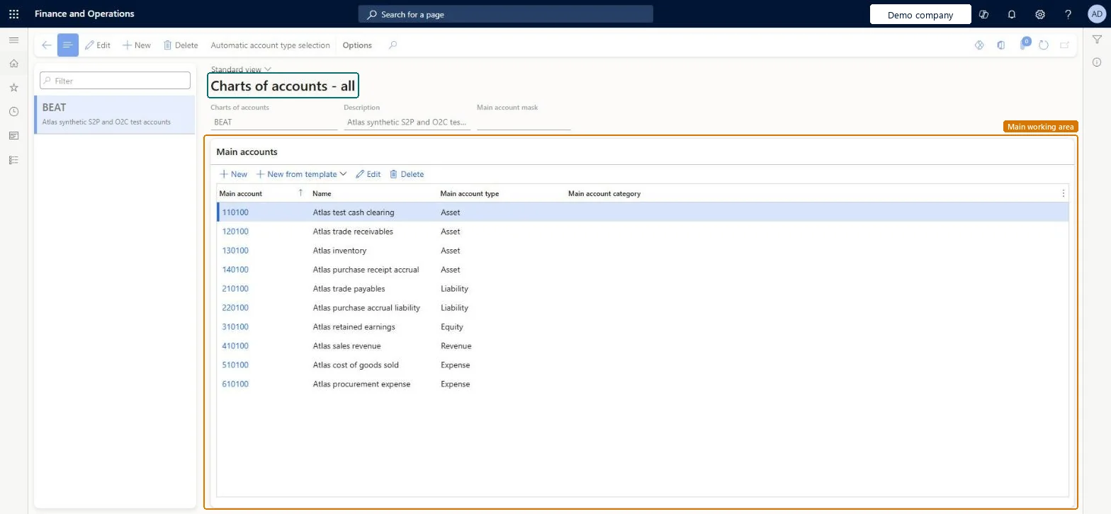 Chart of accounts page in Dynamics 365