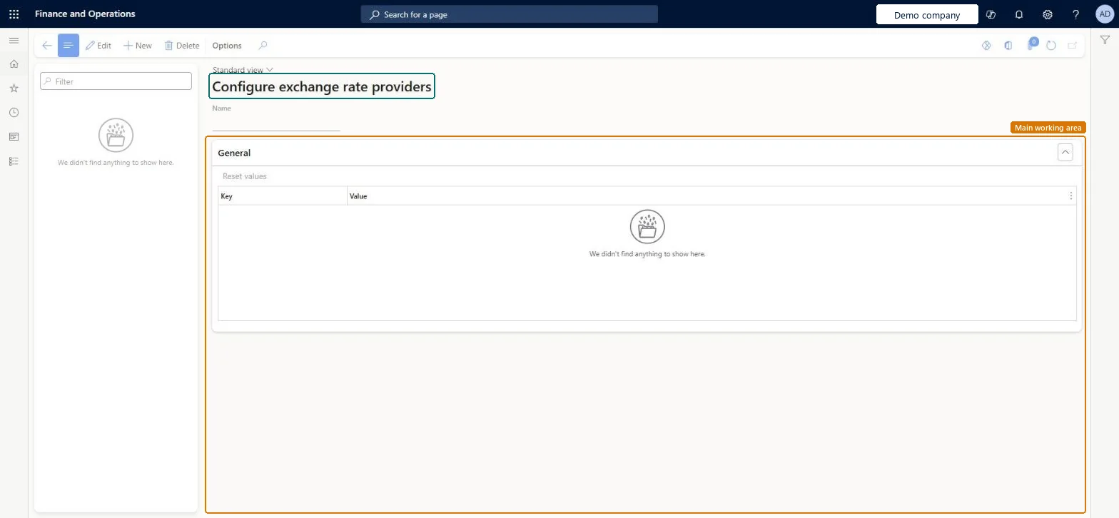 Configure exchange rate providers page in Dynamics 365
