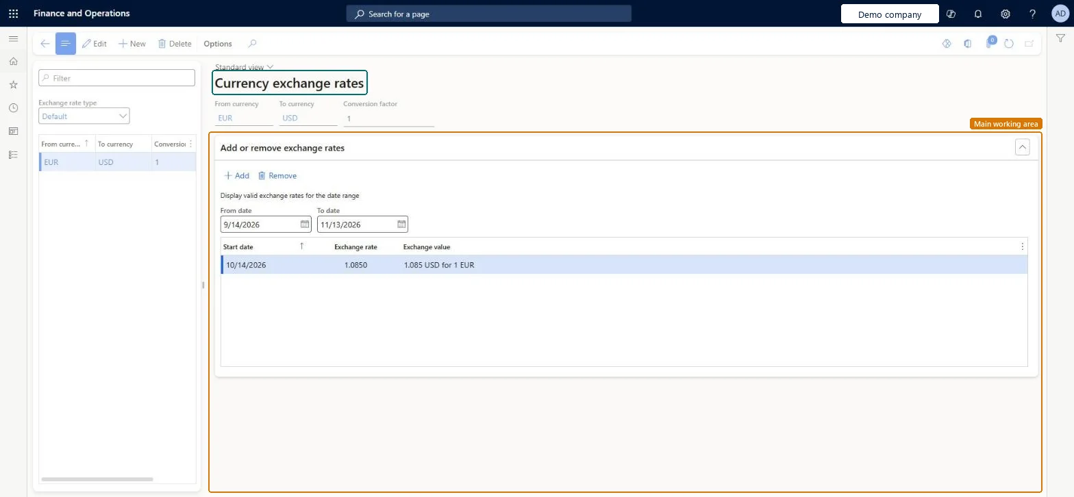 Currency exchange rates page in Dynamics 365