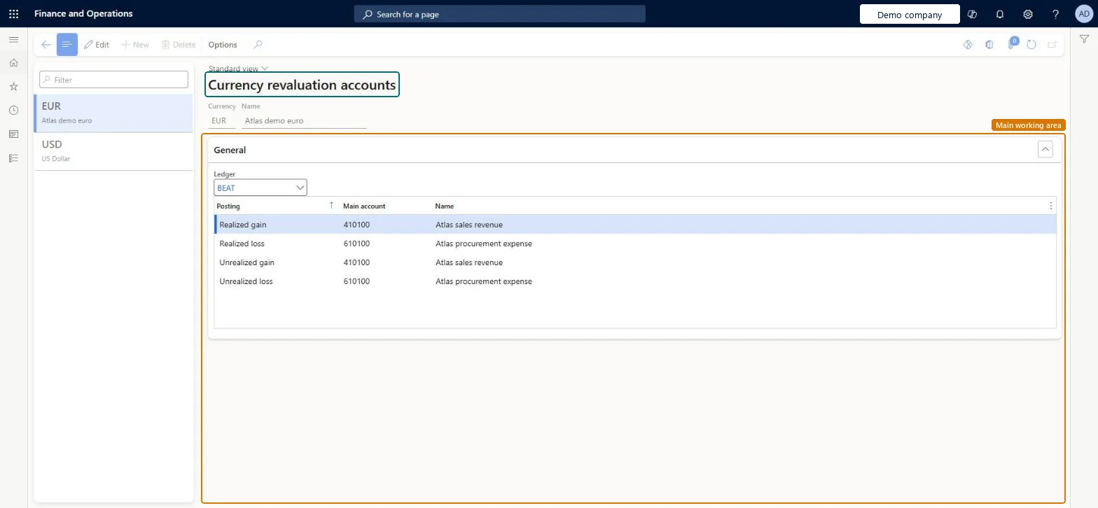 Currency revaluation accounts page in Dynamics 365