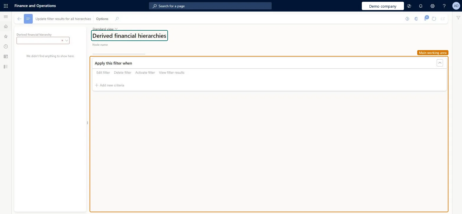Derived financial hierarchies page in Dynamics 365
