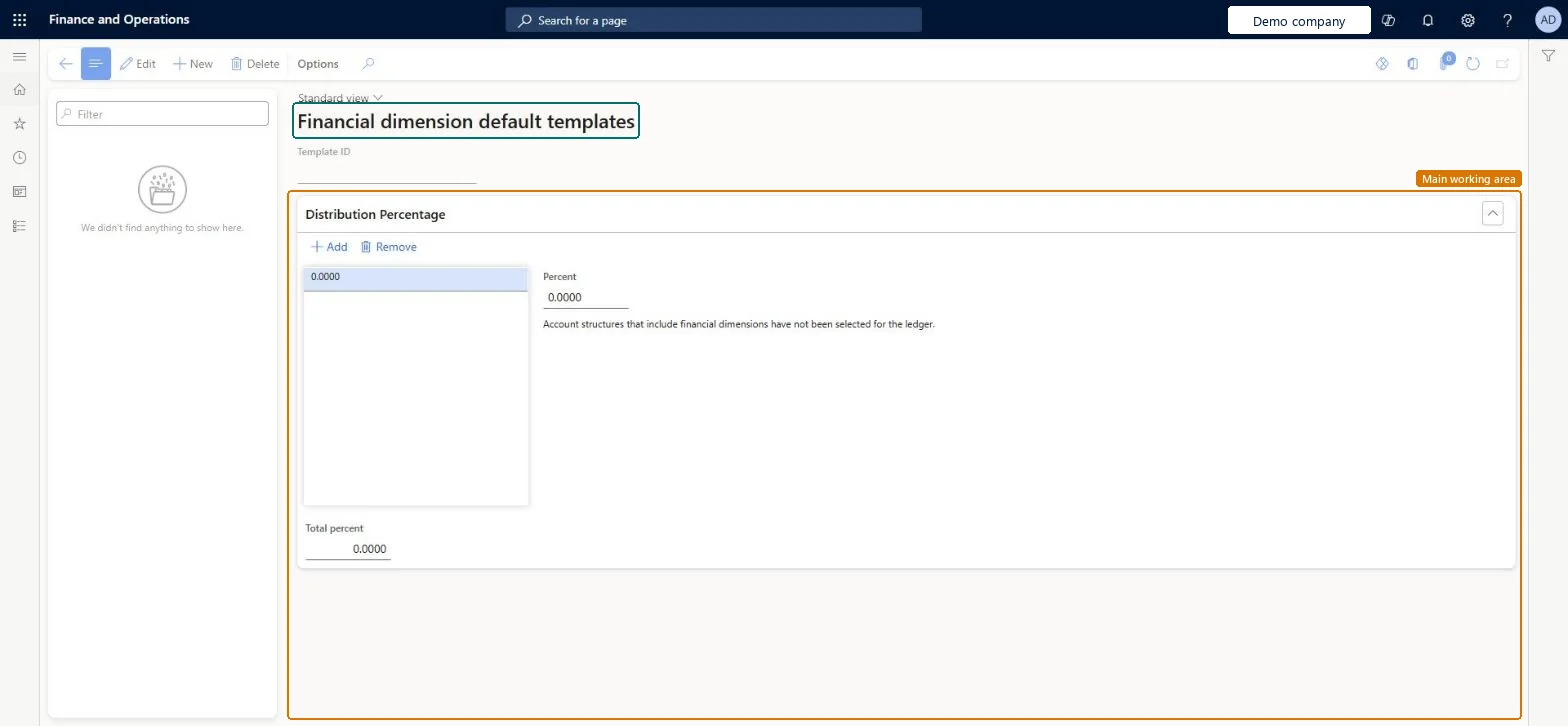 Financial dimension default templates page in Dynamics 365