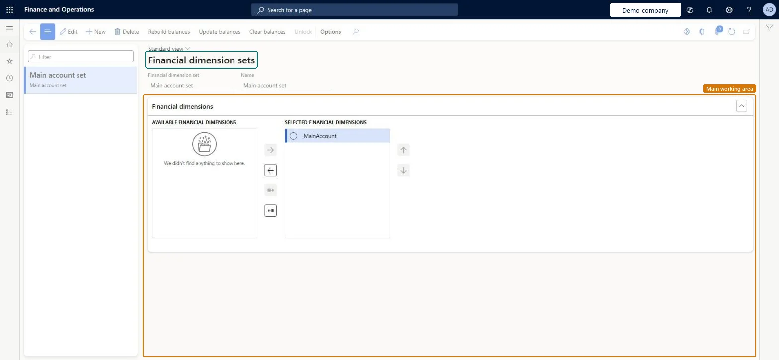 Financial dimension sets page in Dynamics 365