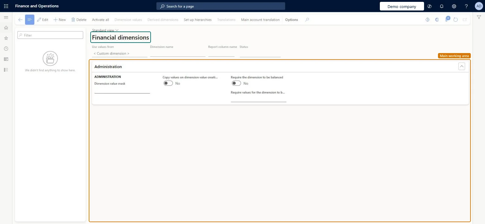 Financial dimensions page in Dynamics 365