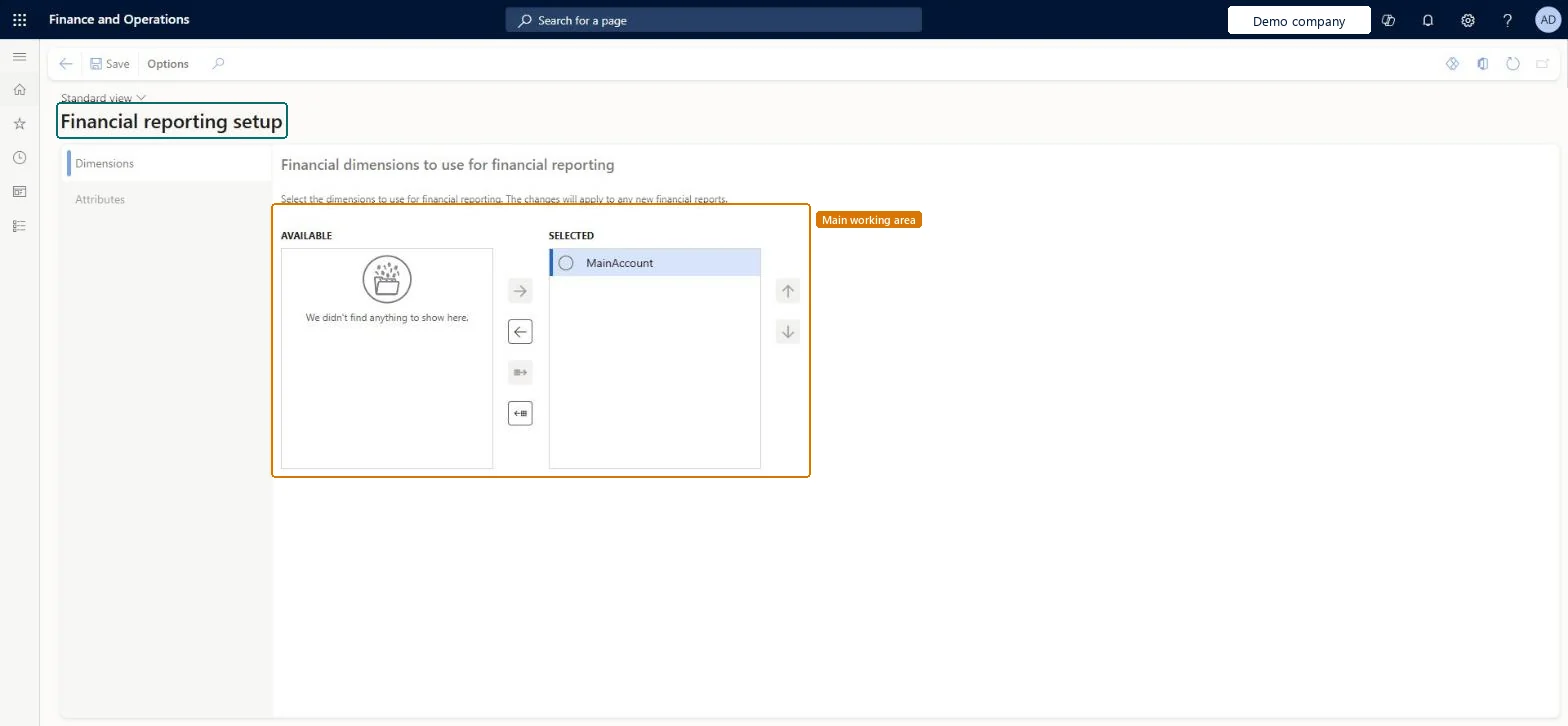 Financial reporting setup page in Dynamics 365