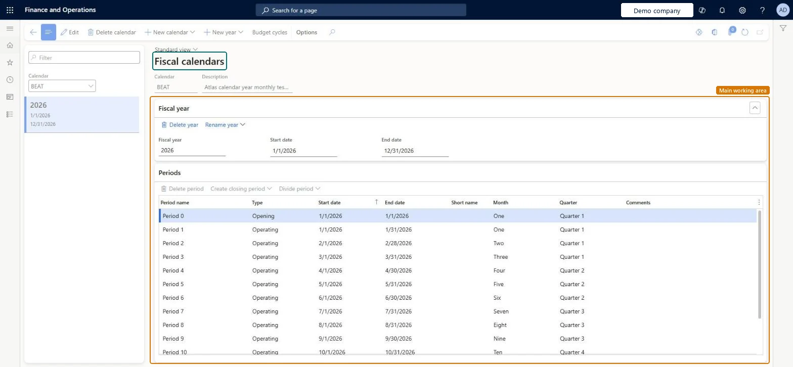 Fiscal calendars page in Dynamics 365