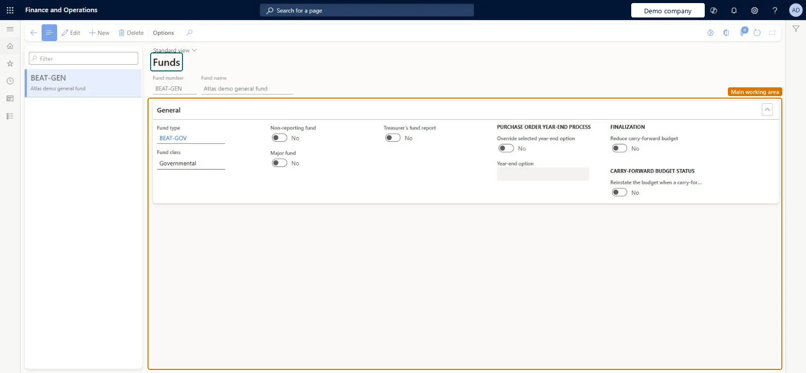 Funds page in Dynamics 365