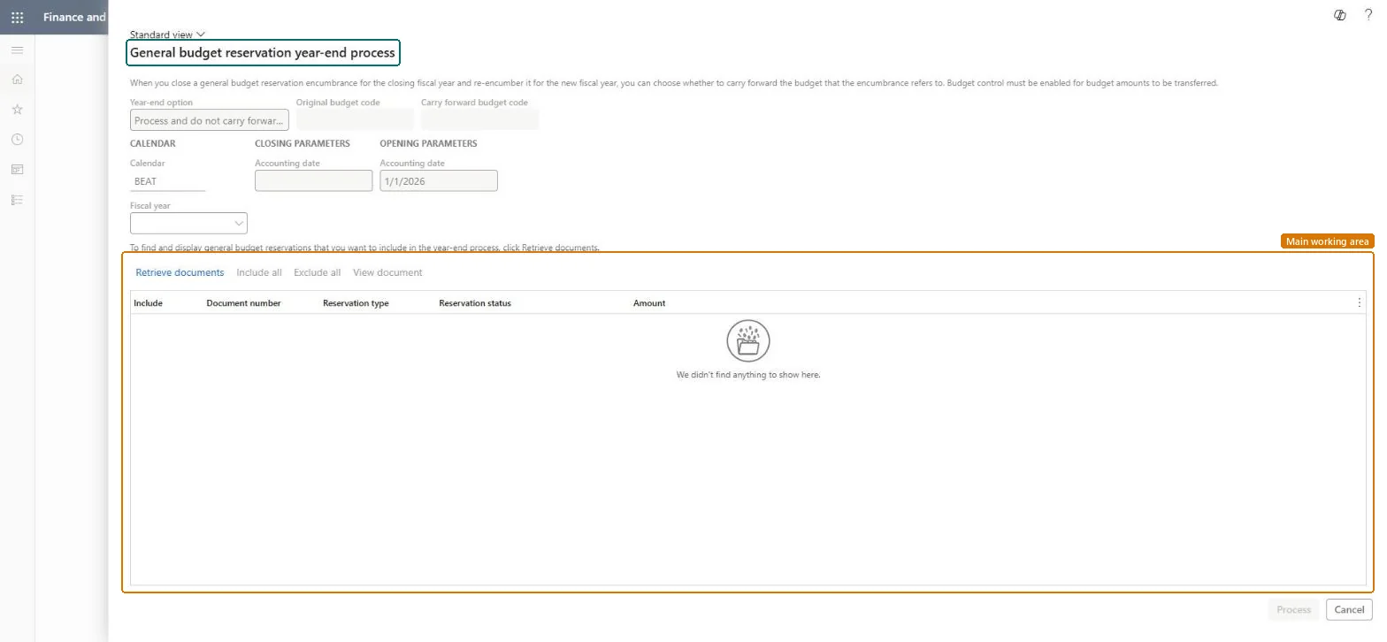 General budget reservation year-end process page in Dynamics 365