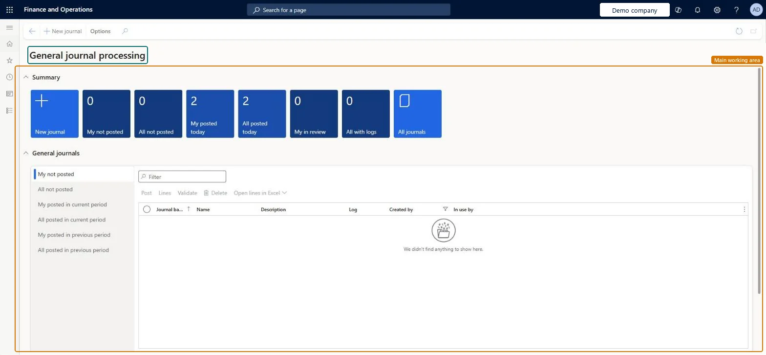 General journal processing page in Dynamics 365