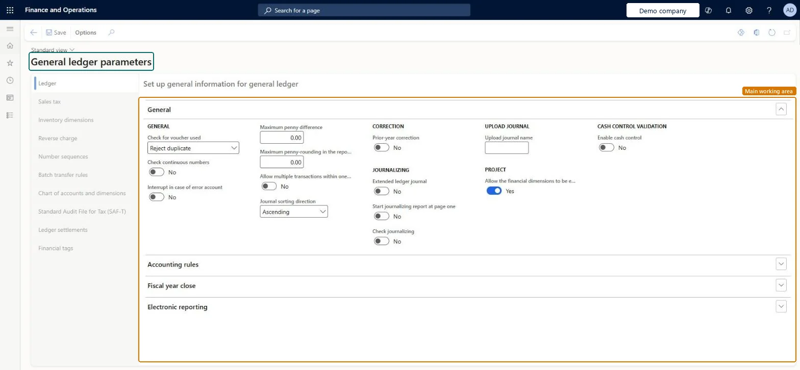 General ledger parameters page in Dynamics 365