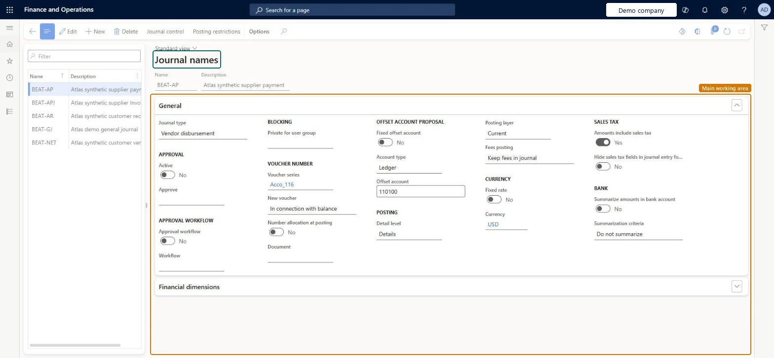 Journal names page in Dynamics 365