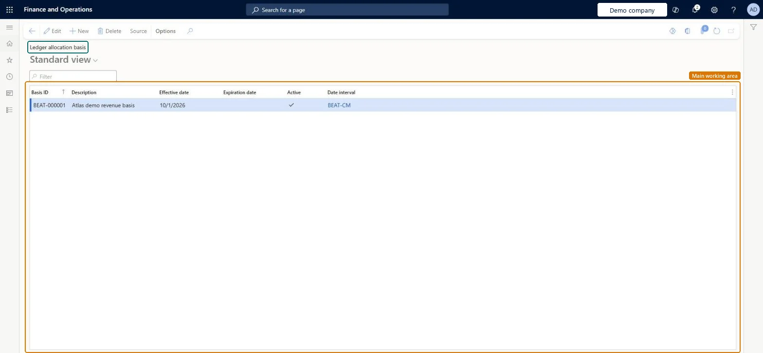 Ledger allocation basis page in Dynamics 365