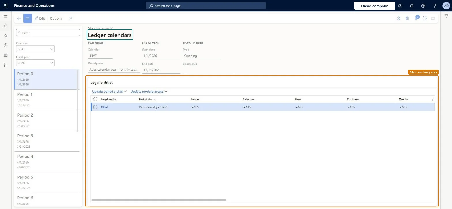 Ledger calendars page in Dynamics 365