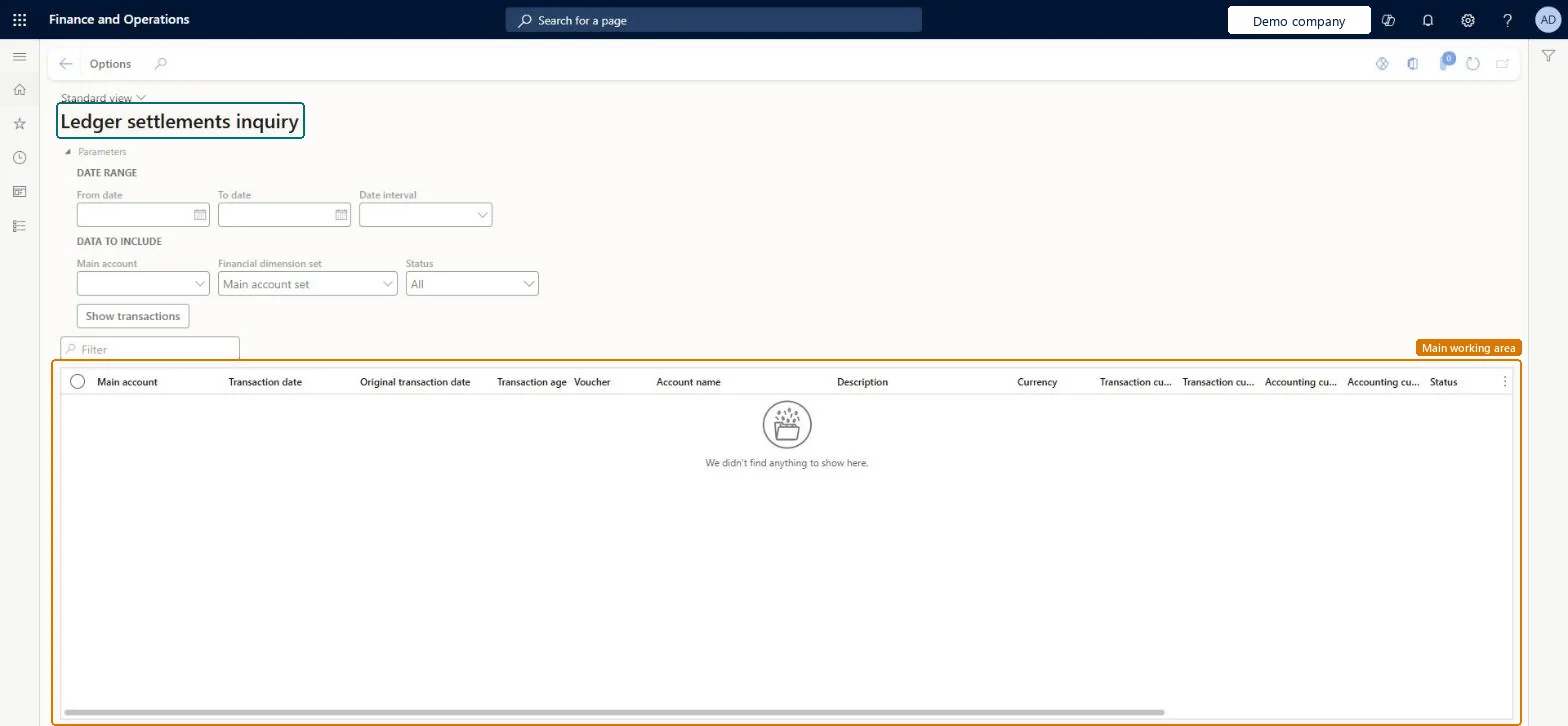 Ledger settlements inquiry page in Dynamics 365