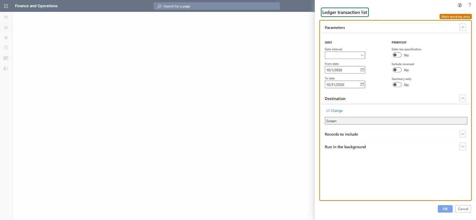 Ledger transaction list page in Dynamics 365