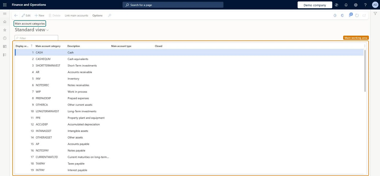 Main account categories page in Dynamics 365