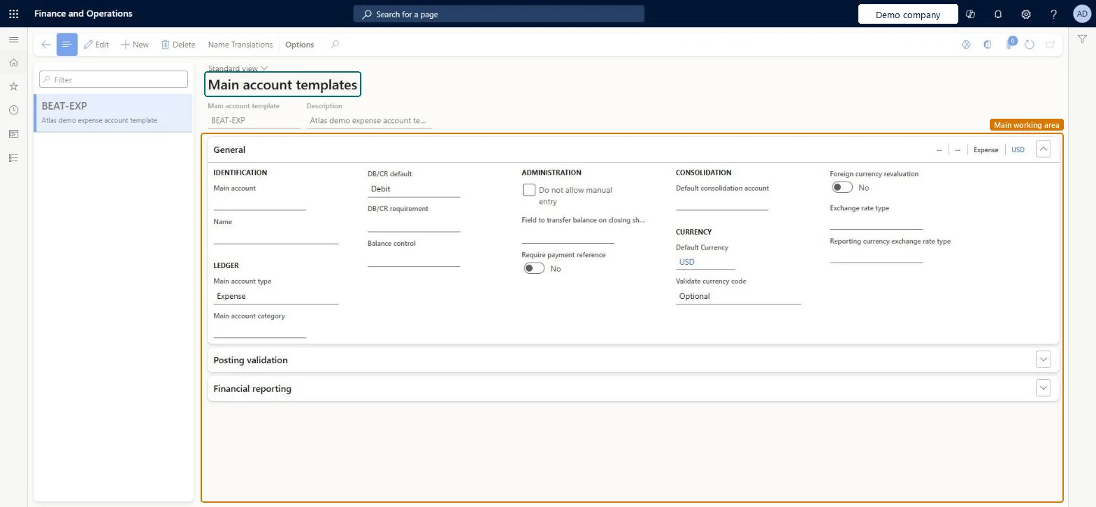 Main account templates page in Dynamics 365