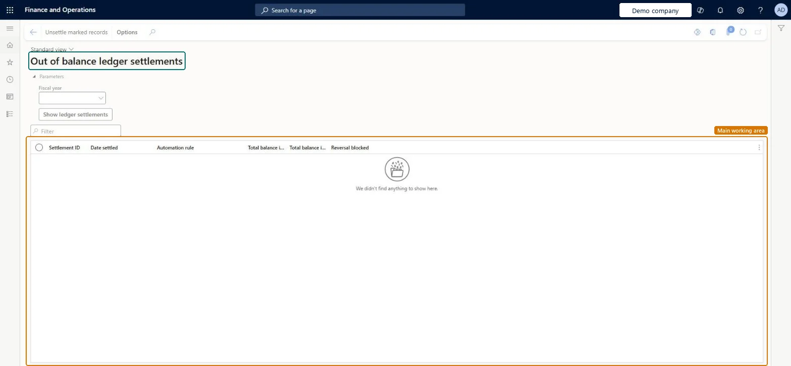 Out of balance ledger settlements page in Dynamics 365