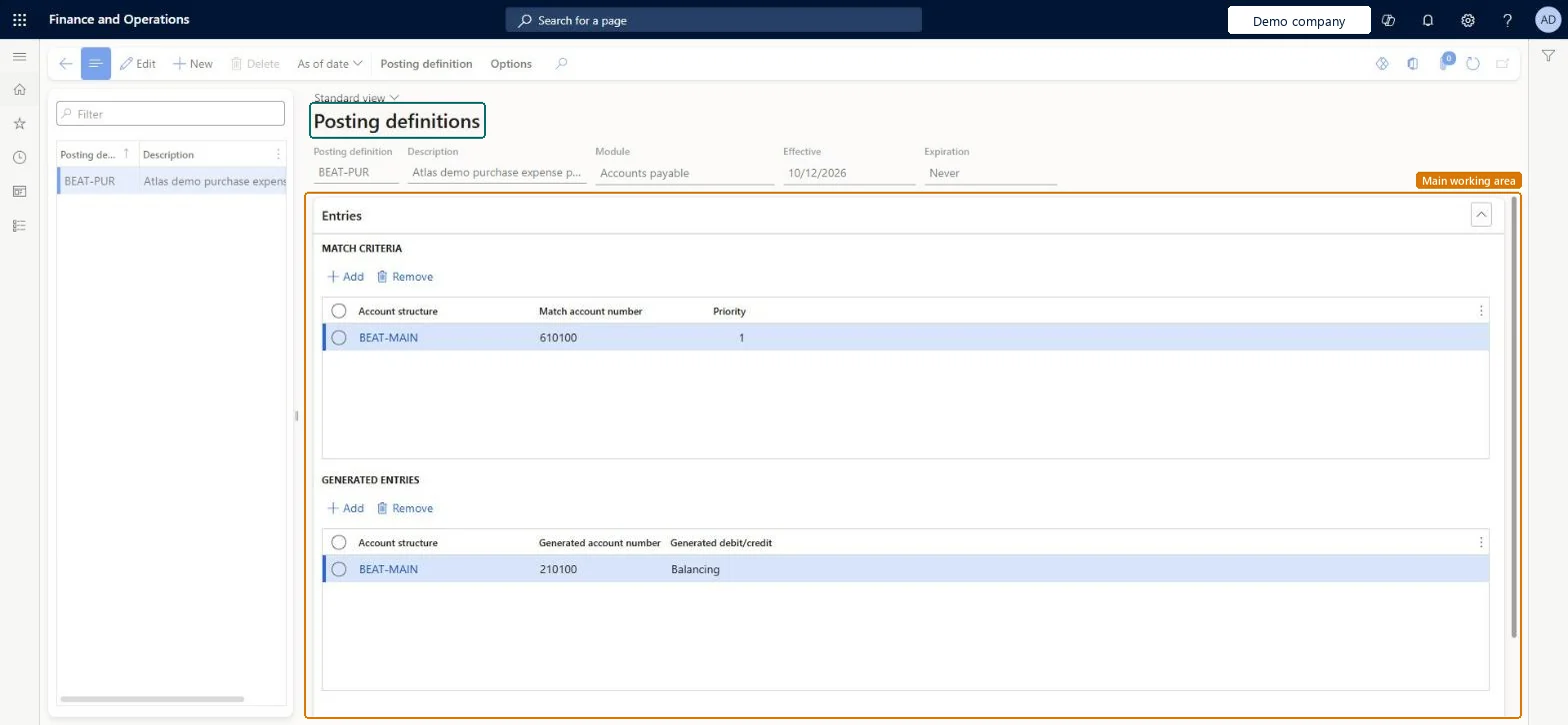 Posting definitions page in Dynamics 365
