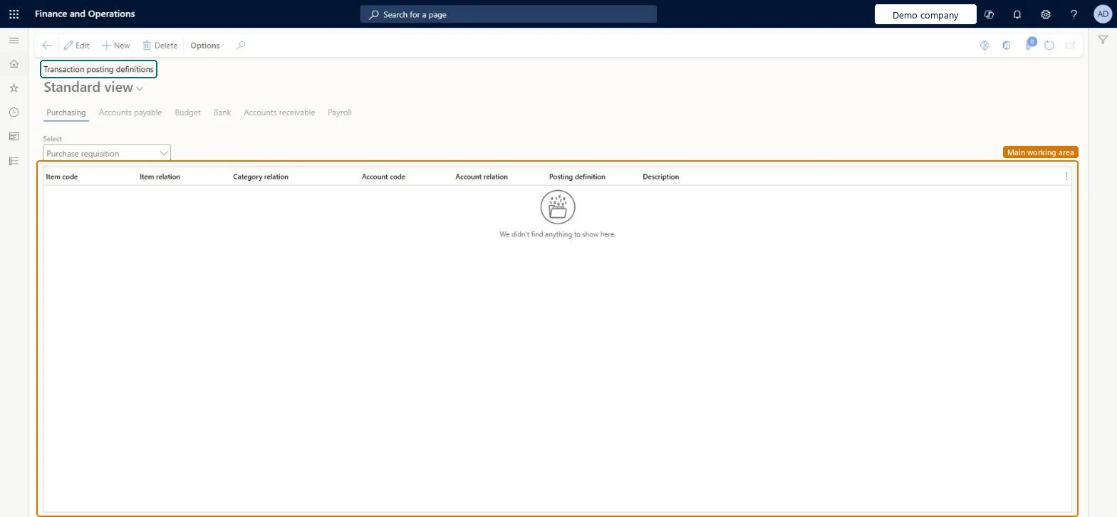 Transaction posting definitions page in Dynamics 365