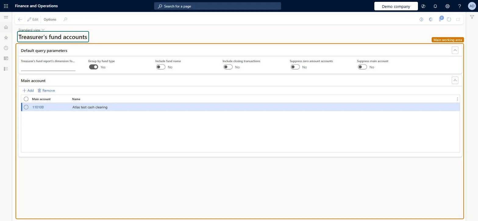 Treasurer's fund accounts page in Dynamics 365