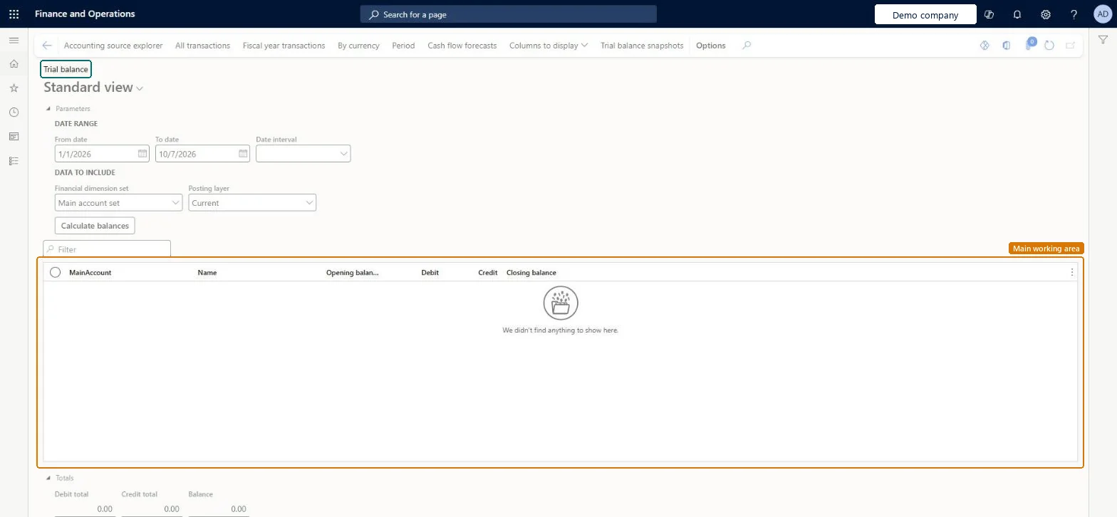 Trial balance page in Dynamics 365