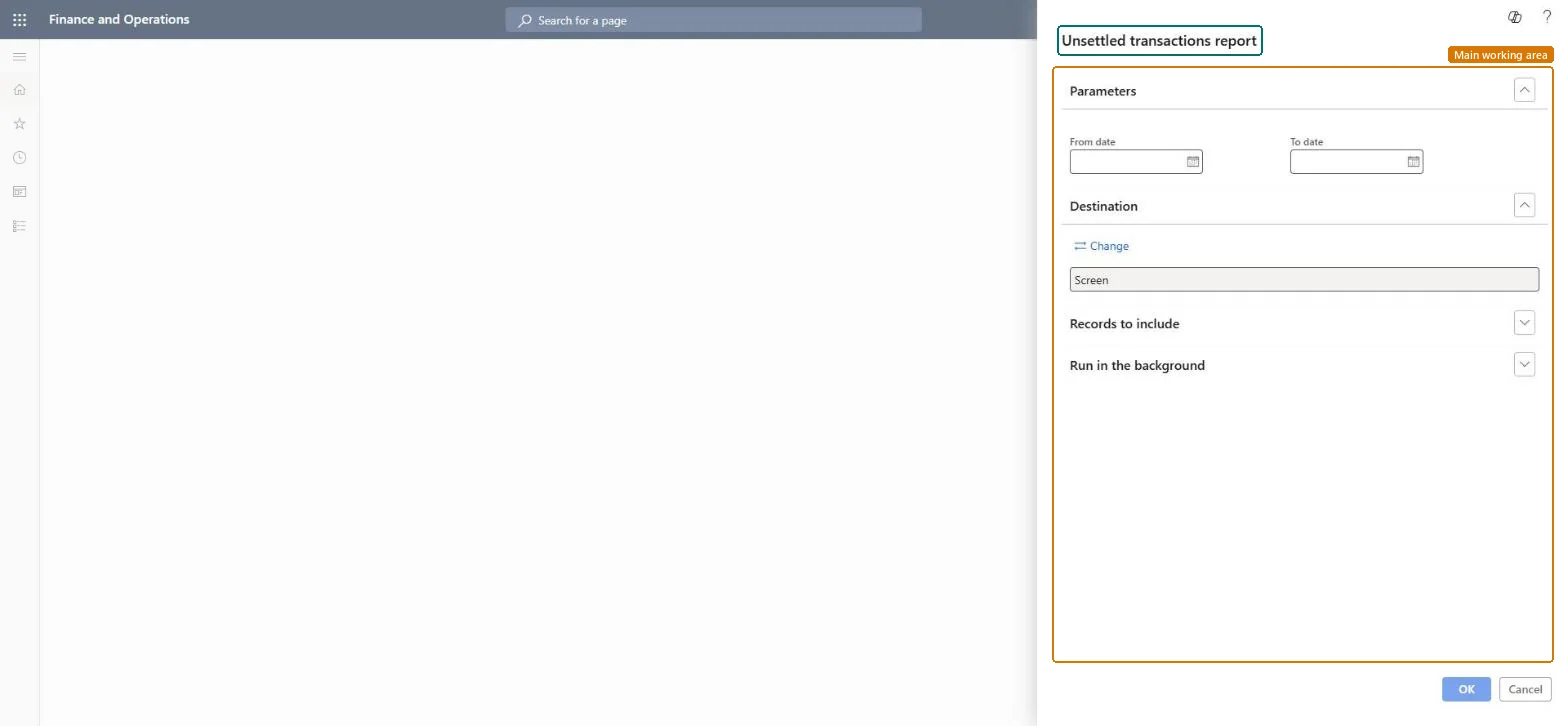 Unsettled transactions report page in Dynamics 365