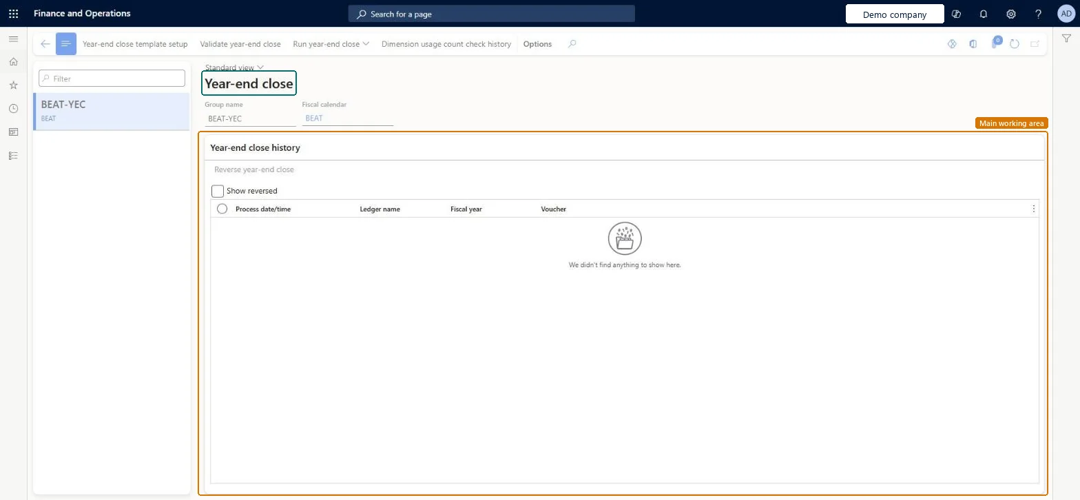 Year end close page in Dynamics 365